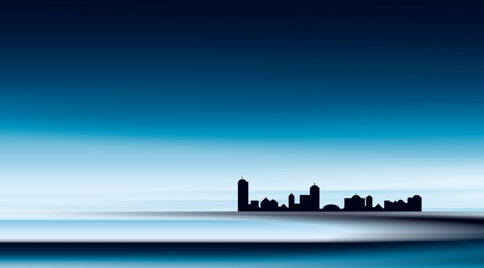 Minimalist city skyline silhouette against a blue gradient