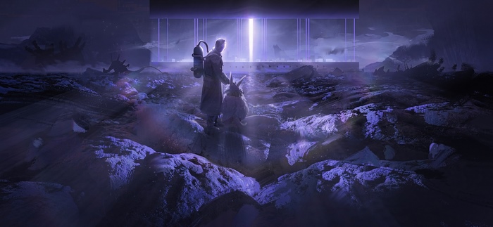 Man and creature in a desolate landscape with a glowing portal
