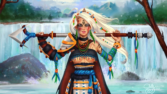 Warrior woman with spear in front of waterfall