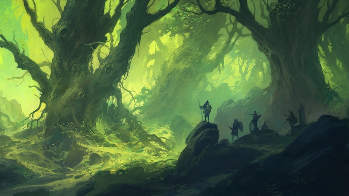 Fantasy warriors in a mystical forest