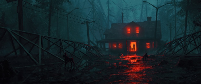 A dark, eerie house with red glowing windows and figures inside.