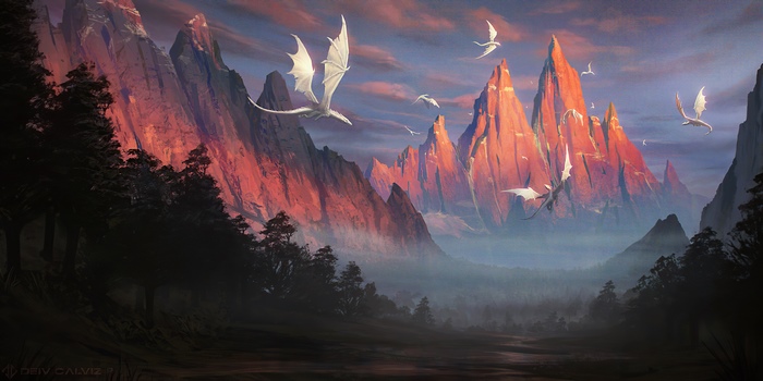 Digital art of dragons flying over mountains