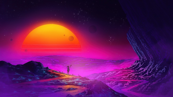 Synthwave Digital Art Sunset Landscape