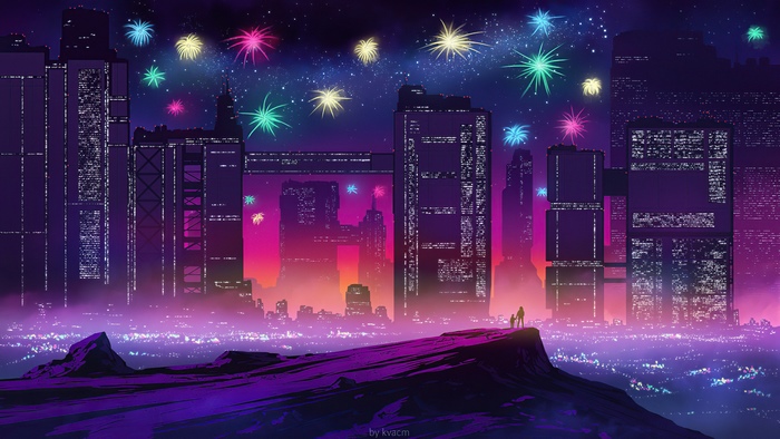Synthwave cityscape with fireworks and two figures
