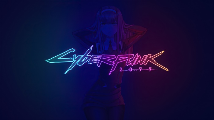 Zero Two from Darling in the Franxx with Cyberpunk 2077 logo