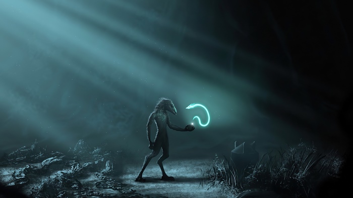 Alien holding a glowing creature in a dark environment