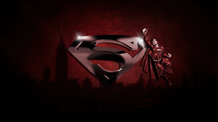 Superman flying in front of a city skyline with his logo