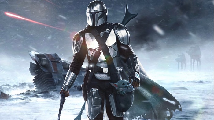 The Mandalorian and Grogu in a snowy landscape