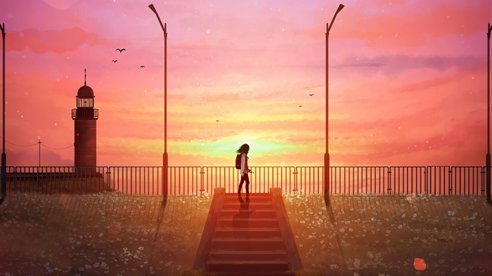 Girl walking on stairs towards lighthouse at sunset