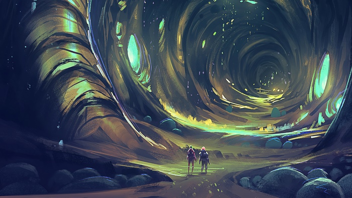Two figures walk through a surreal, glowing cavern
