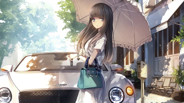 Anime girl with umbrella and car