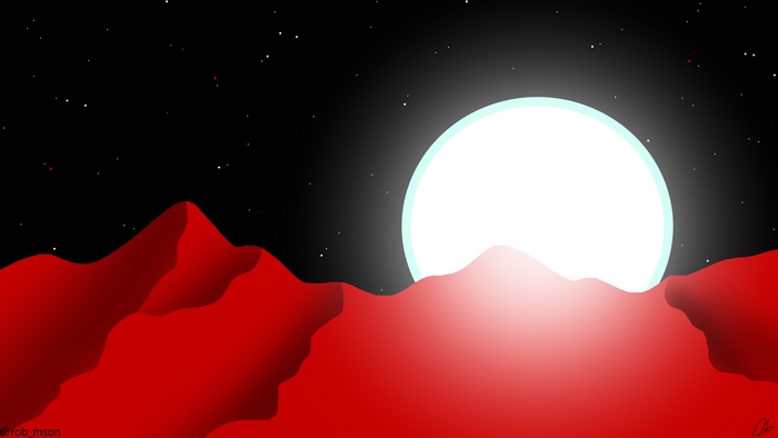 Minimalist digital art of a planet with red mountains and a large moon