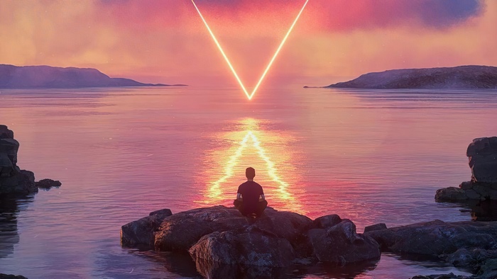 Man meditating by lake with neon triangle at sunset 4K