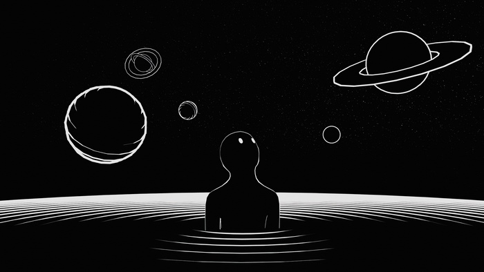 Silhouette in Space with Planets