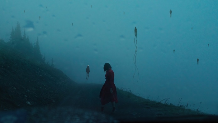 Digital artwork of figures in a foggy landscape