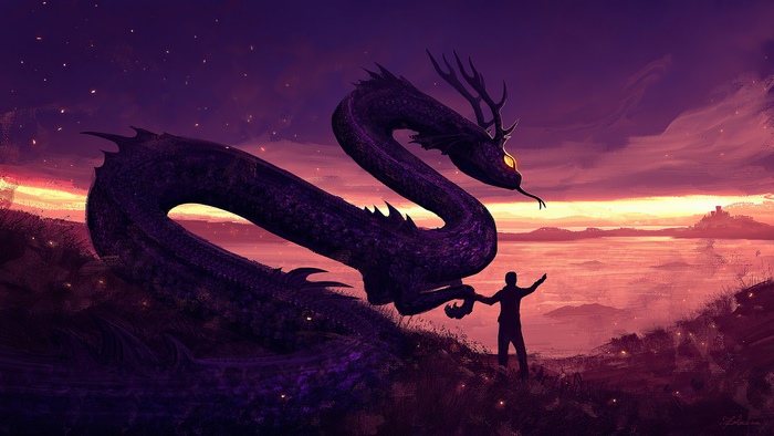 Dragon and person at sunset