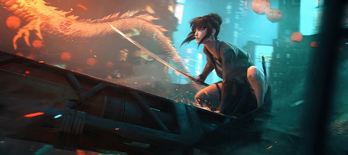 Cyberpunk artwork of a woman with a sword and a dragon