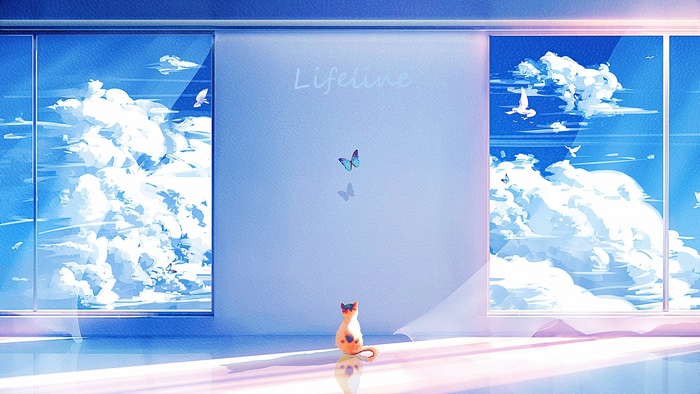 Cat looking at a butterfly with clouds and birds outside