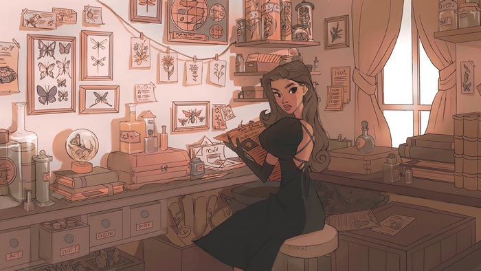 Witch in a dark dress in her study