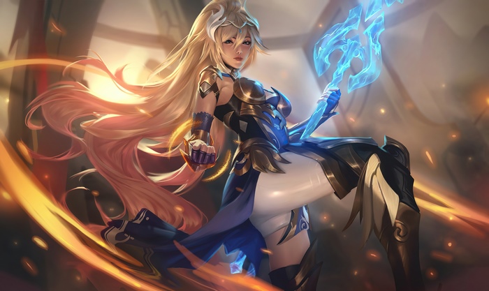 Anime girl with blonde hair holding a blue trident