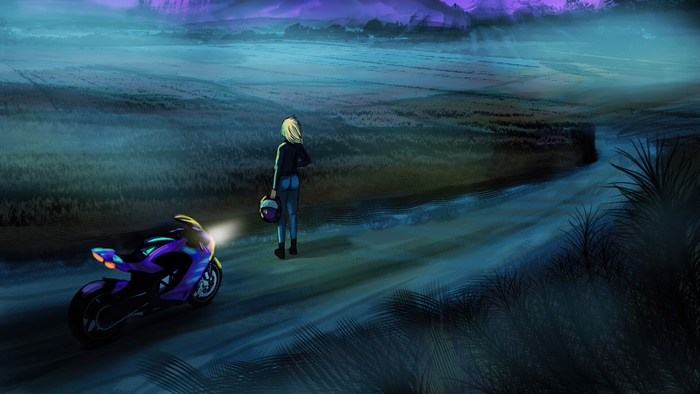 Biker with motorcycle on a foggy road at night