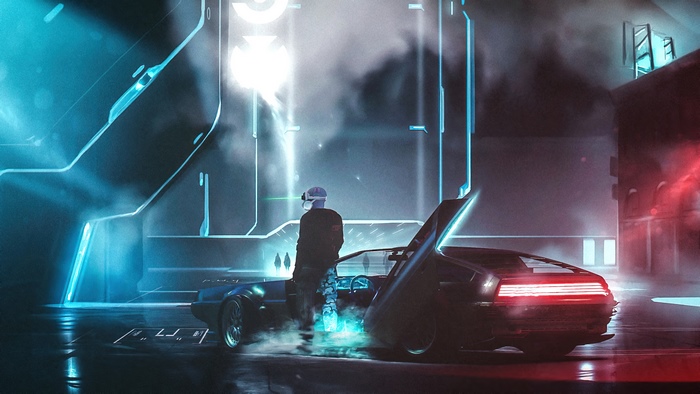 Cyberpunk artwork of a person with a car