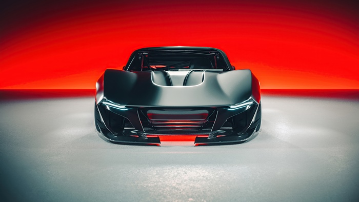 The Crew 2 car in front of red background