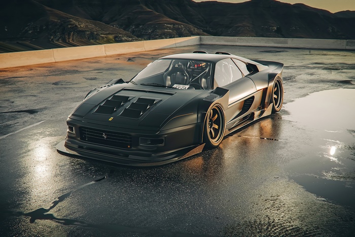 Black Ferrari F355 with widebody kit on wet asphalt