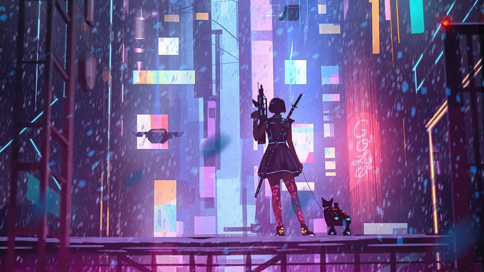 Cyberpunk girl with gun and robot dog in neon city