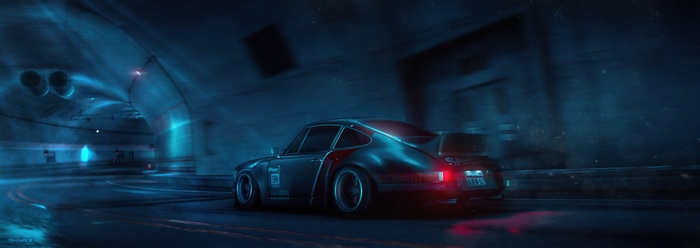 Porsche 911 in a dark tunnel