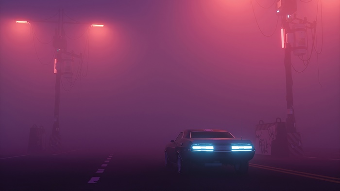 Car driving on a foggy road with streetlights
