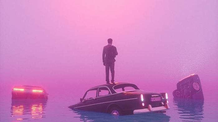 Man standing on car in pink water