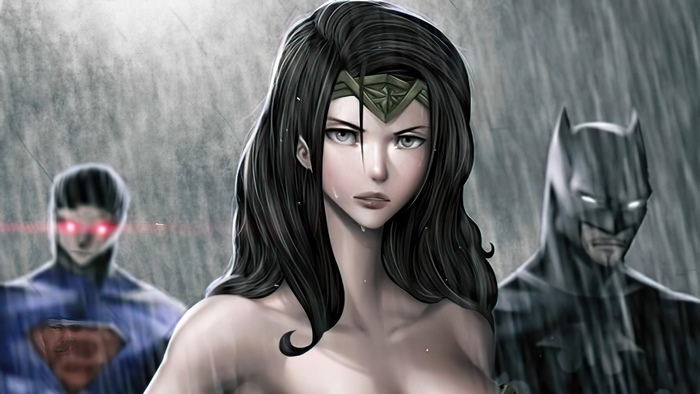 Wonder Woman, Superman, and Batman in the Rain