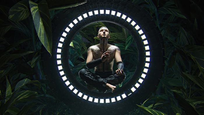 Man meditating in a futuristic ring surrounded by plants