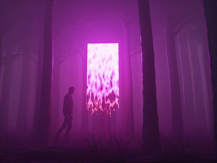 Man walking towards a neon portal in a purple forest