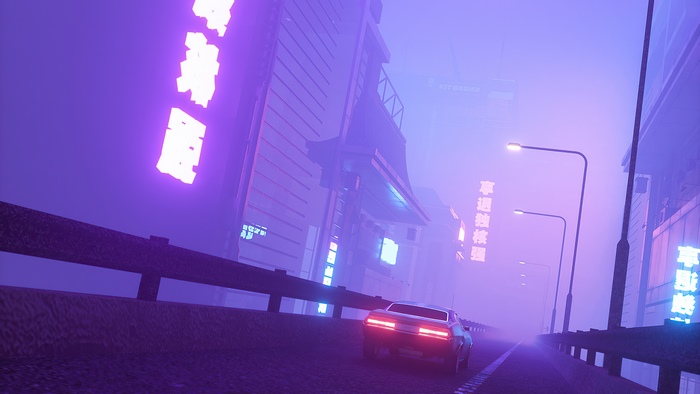 Cyberpunk city street with neon signs and a car