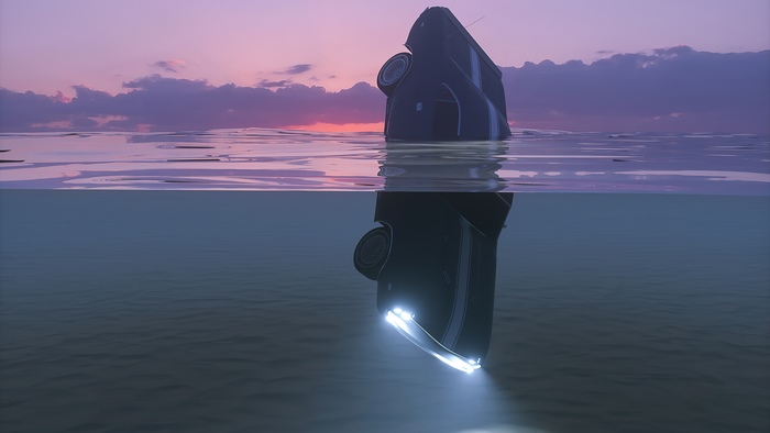 Upside down car submerged in water at sunset