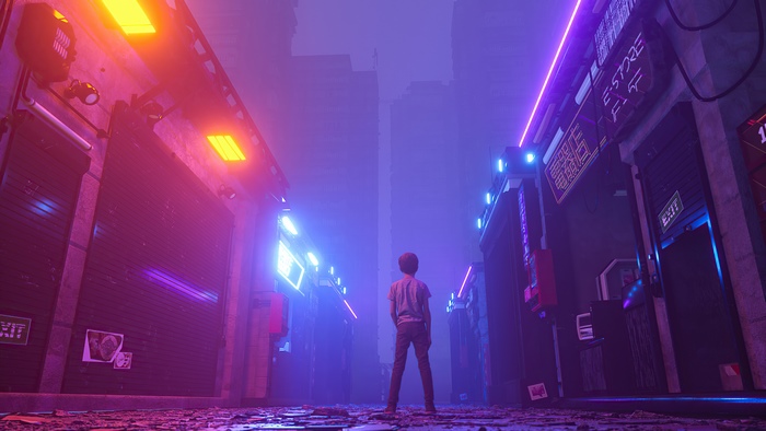 A person stands in a neon-lit alleyway