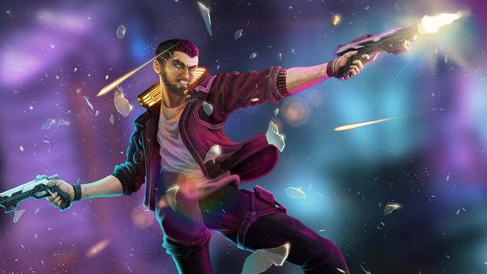 Man with cybernetic implants firing two guns