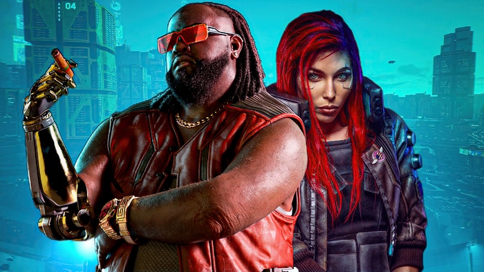 Cyberpunk 2077 characters with prosthetic arm and red hair