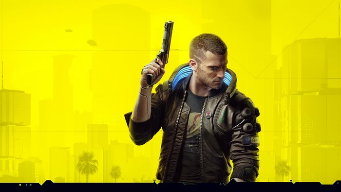 V from Cyberpunk 2077 holding a pistol