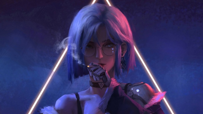 Cyberpunk girl with blue hair and glasses smoking