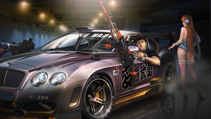 Man with guns and woman next to modified car