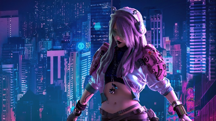 Cyberpunk woman with headphones in a neon city