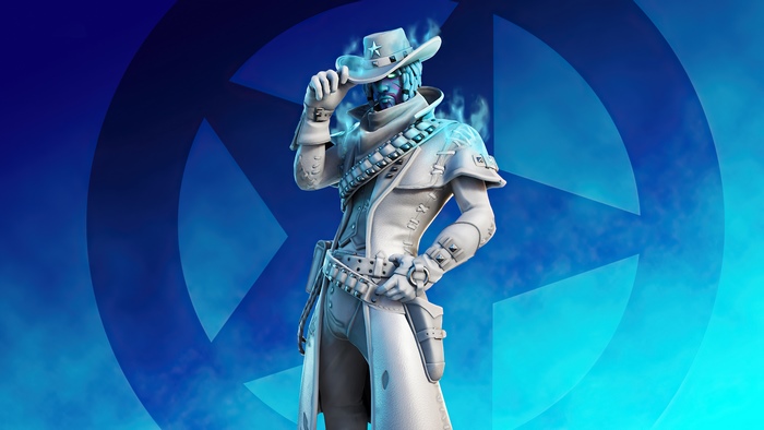Fortnite character in cowboy attire with blue aura