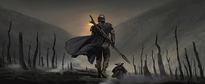 The Mandalorian and Grogu in a desolate landscape