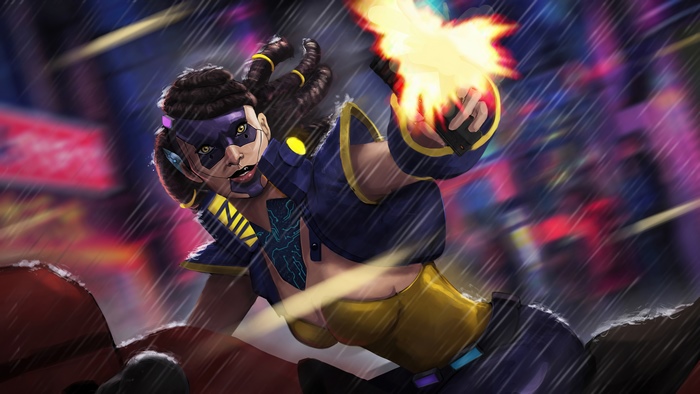 Cyberpunk 2077 character firing a gun in the rain
