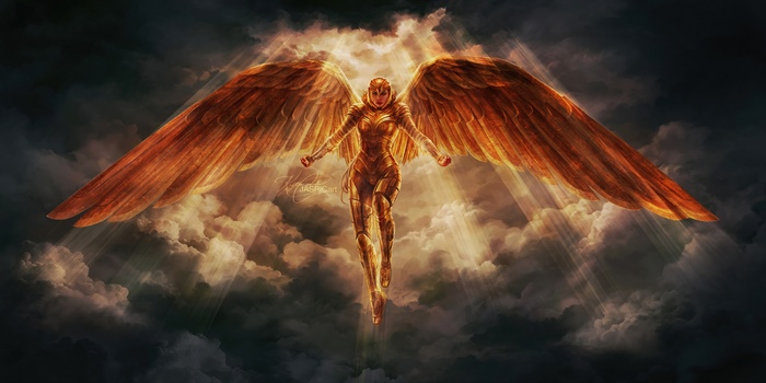 Wonder Woman 1984 artwork with golden armor and wings
