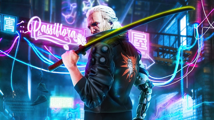 Geralt of Rivia from The Witcher 3 in Cyberpunk style