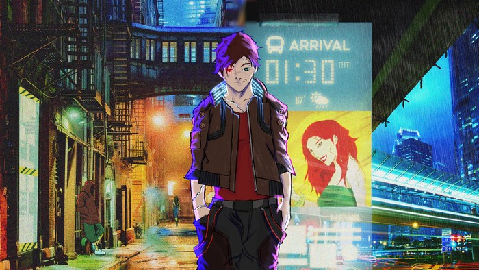 Anime boy in cyberpunk city